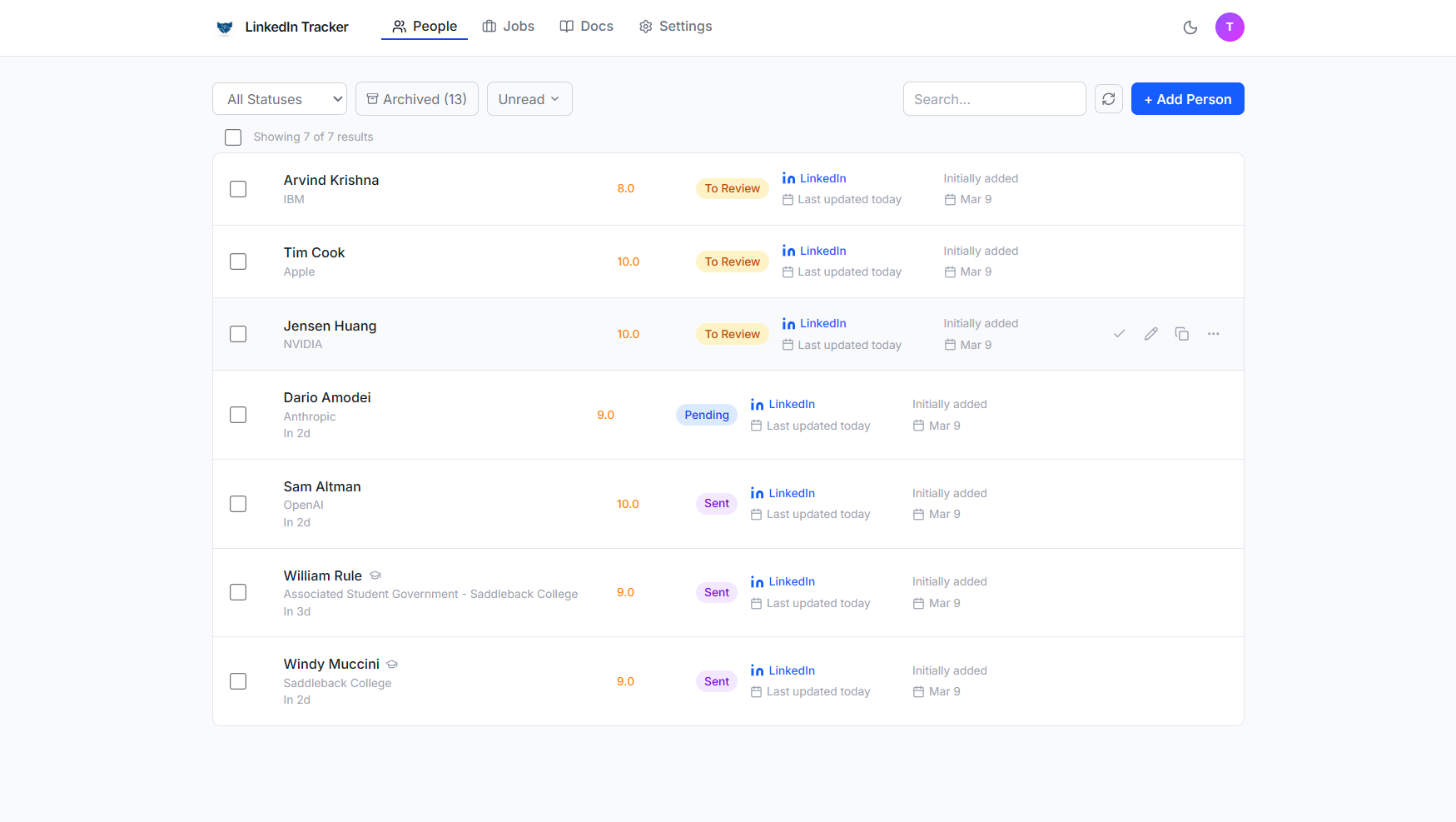 LinkedIn Tracker dashboard
